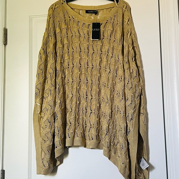 NWT Lauren Ralph Lauren Linen Blend Women Knit Poncho Gold Size S/M  $195 - Picture 2 of 16